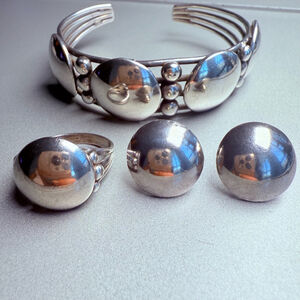 Navajo Modernist Gilbert Gomez Sterling Silver Bracelet, Ring, Earrings Set VTG